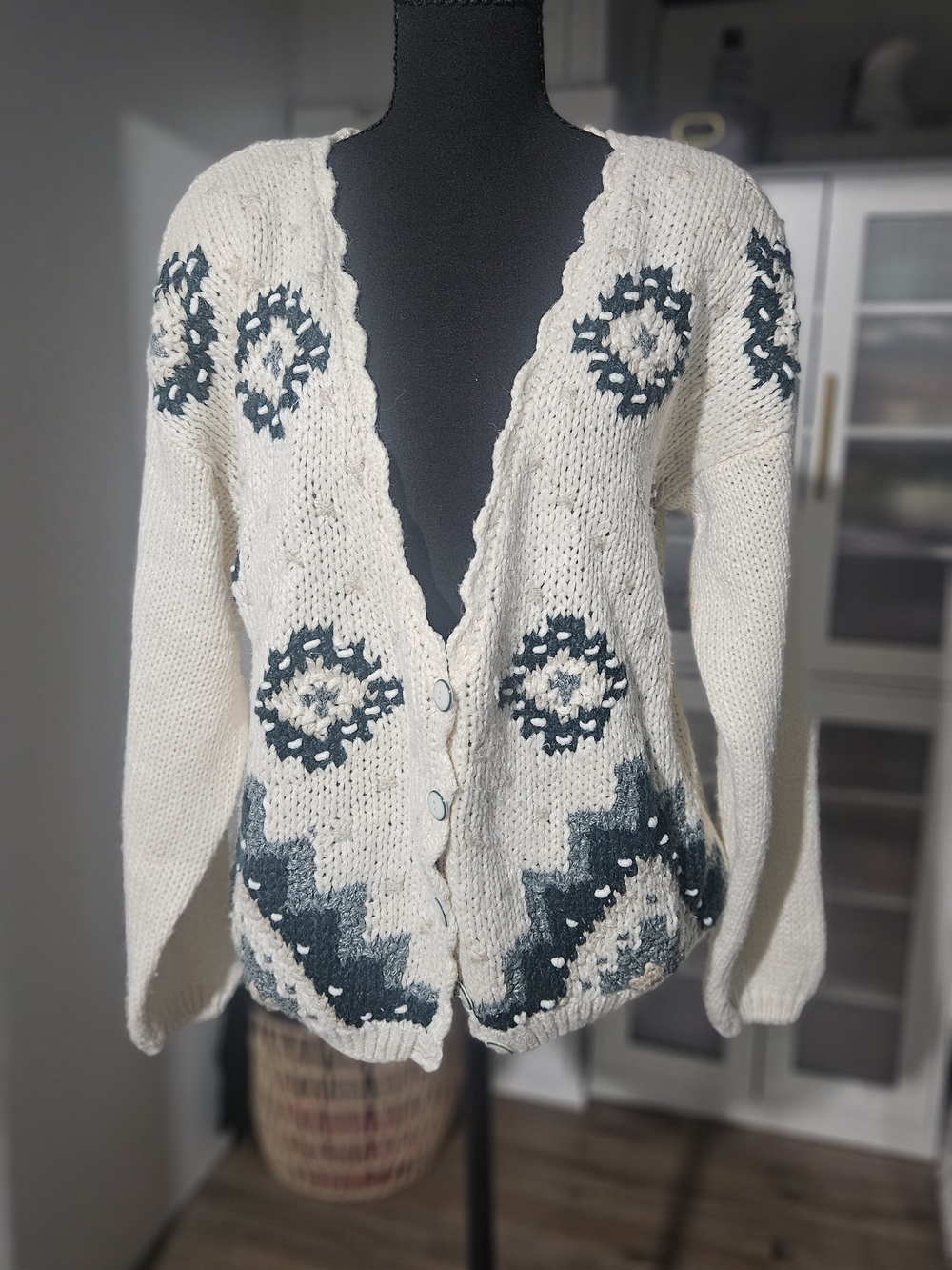 Cream Vintage Knit Cardigan with Dark Green Nordic Motif